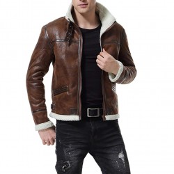 Men Bomber Style Brown Striped Shearling Leather Jacket